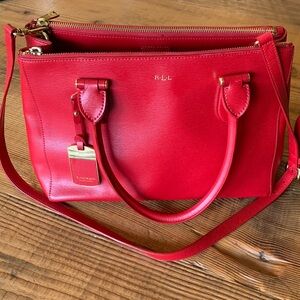 12” long x 6” wide x 8” high Lauren Ralph Lauren Cherry Red Handbag